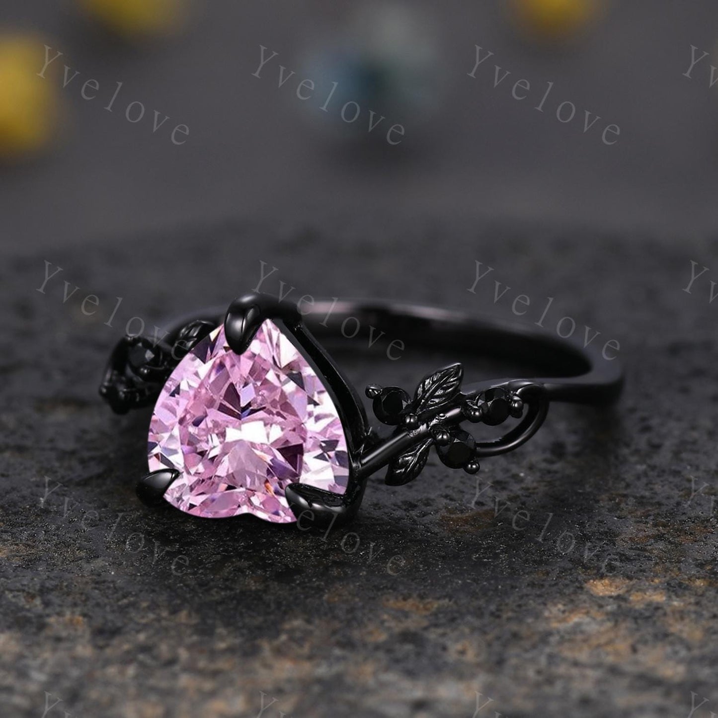 8mm Pink Heart Ring,Pink CZ Ring,Gothic Twig Vine Leaf Ring,Antique Pink Simulated Bridal Promise Ring ,Black Gold Wedding Ring Set,Custom