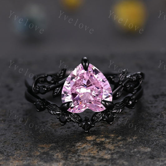 8mm Pink Heart Ring,Pink CZ Ring,Gothic Twig Vine Leaf Ring,Antique Pink Simulated Bridal Promise Ring ,Black Gold Wedding Ring Set,Custom