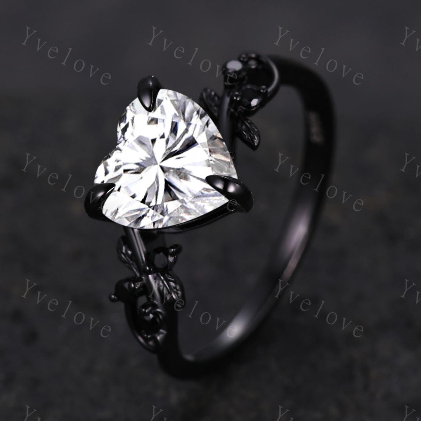 8mm Heart Shape Moissanite Ring,Vintage Twig Vine Leaf Ring,Antique Black Spinel Bridal Promise Ring Set Nature Inspired Black Gold band