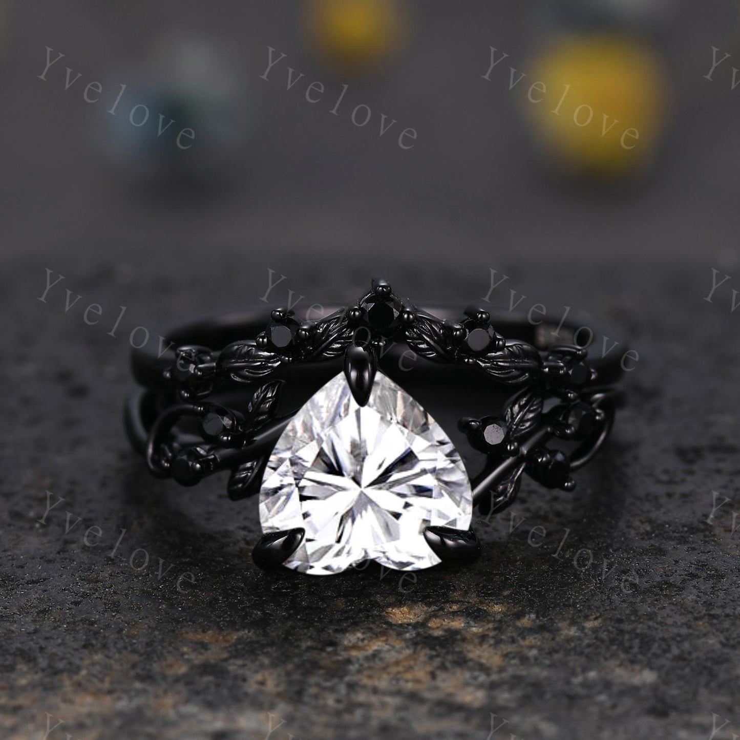 8mm Heart Shape Moissanite Ring,Vintage Twig Vine Leaf Ring,Antique Black Spinel Bridal Promise Ring Set Nature Inspired Black Gold band