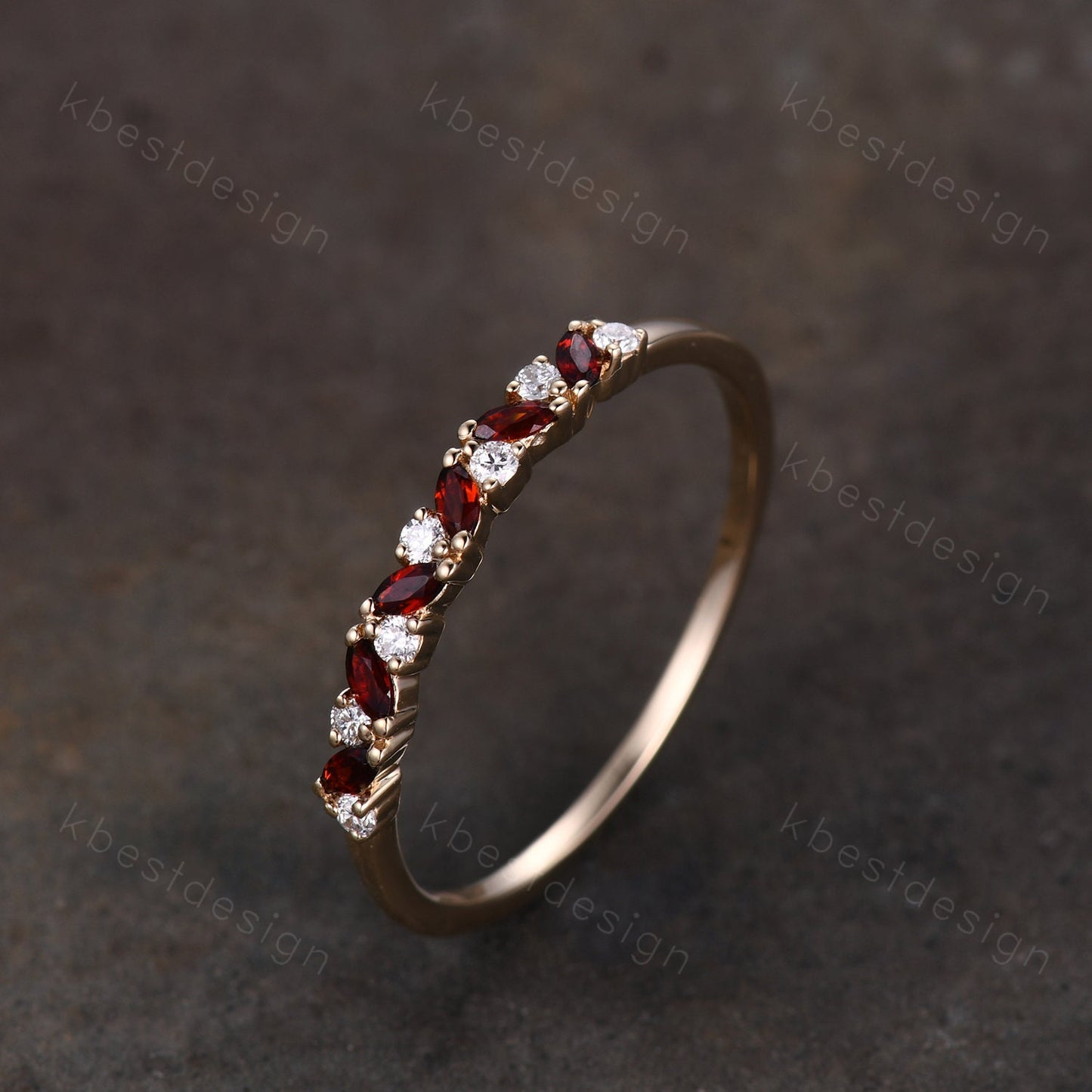 Garnet cluster wedding band Unique marquise cut garnet wedding band Vintage Moissanite ring Solid rose gold ring Anniversary gift for Her