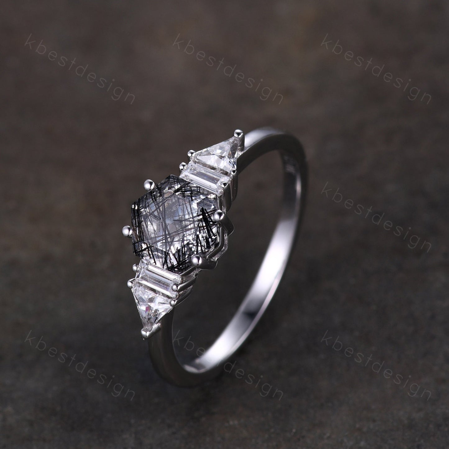 Hexagon cut black rutilated quartz engagement ring vintage unique multi shaped moissanite ring art deco promise ring anniversary gift