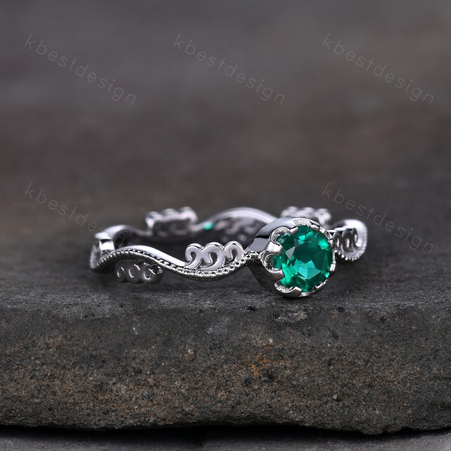 Antique emerald engagement ring 5mm round cut green emerald ring art deco filigree ring unique design bridal promise ring May birthstone