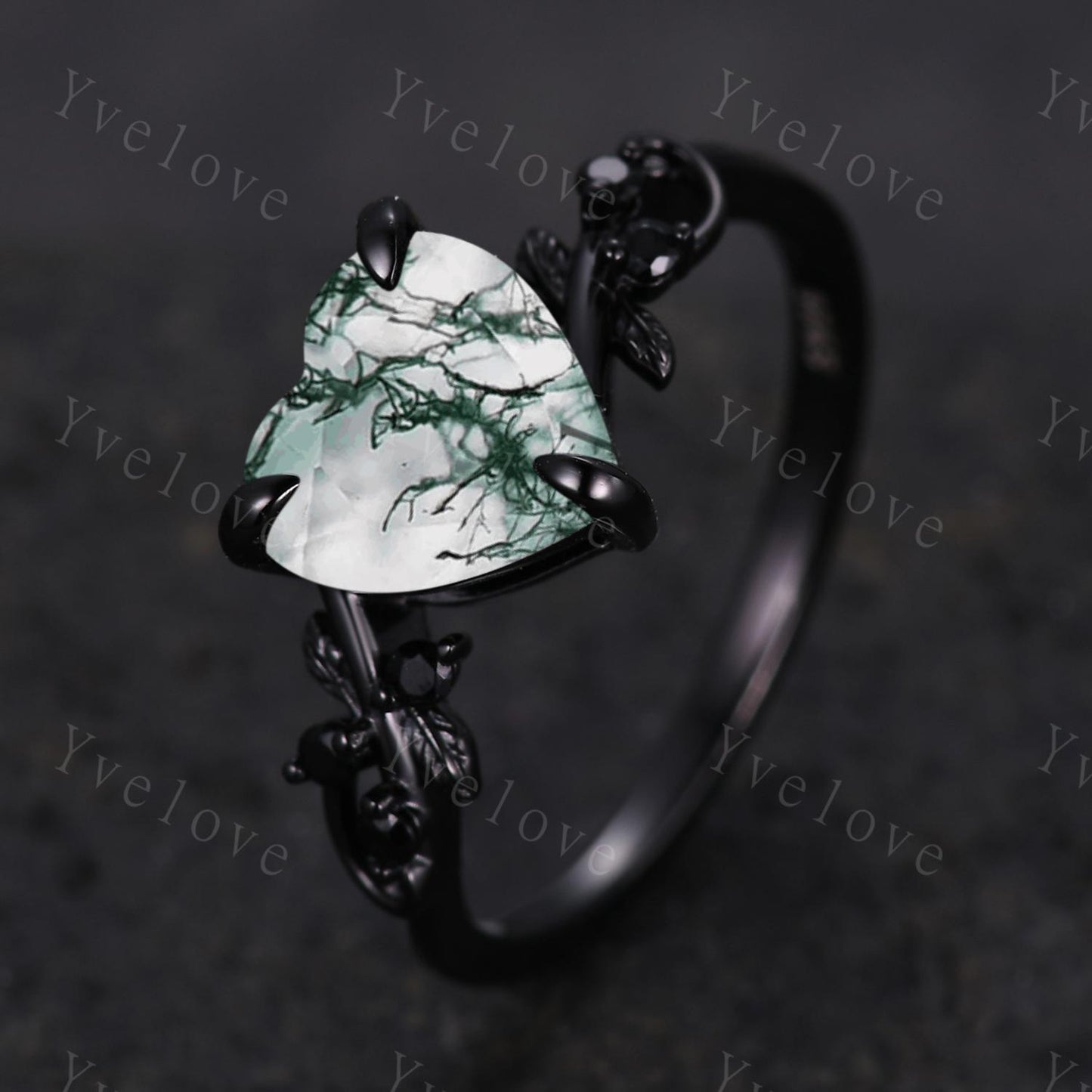 8mm Heart Moss Agate Ring,Gothic Black Twig Vine Leaf Branch Ring,Vintage Natural Agate Bridal Ring Anniversary Gift,Black Gold Wedding Band