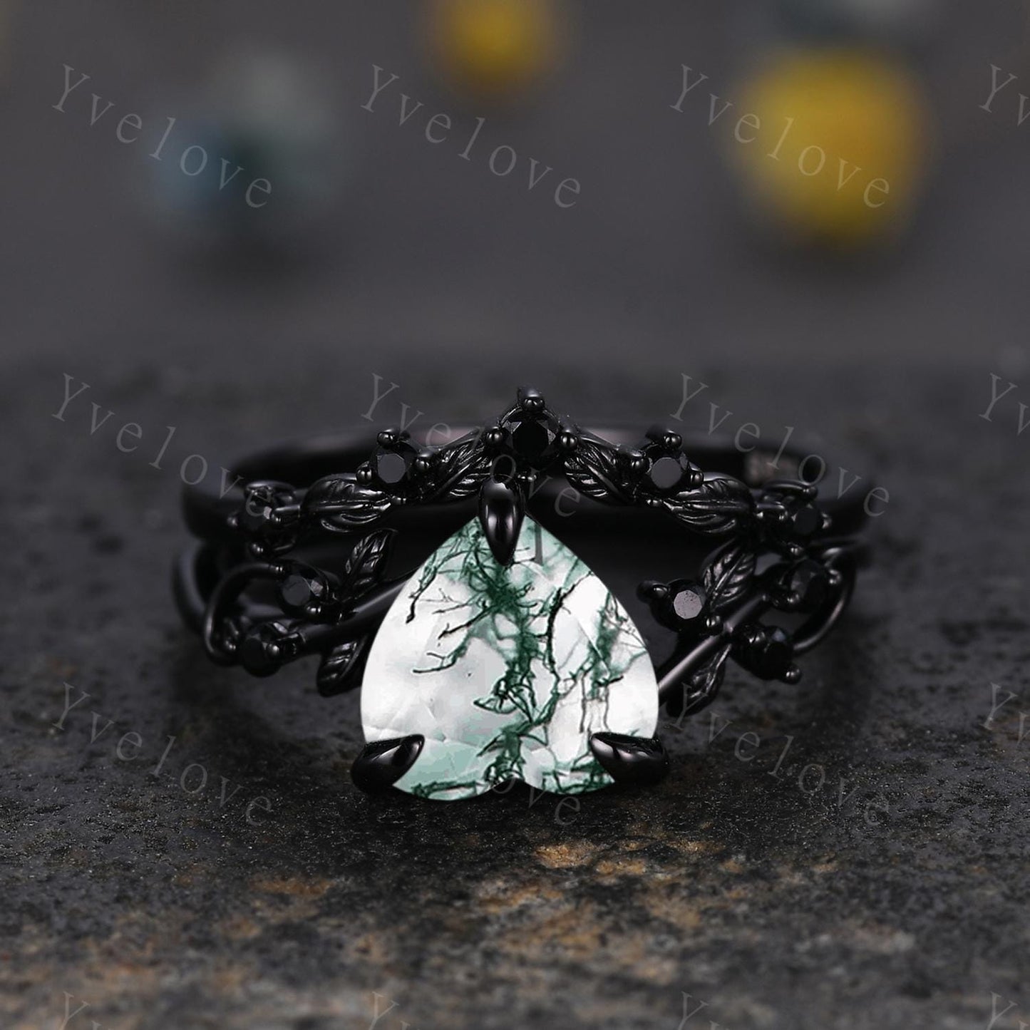 8mm Heart Moss Agate Ring,Gothic Black Twig Vine Leaf Branch Ring,Vintage Natural Agate Bridal Ring Anniversary Gift,Black Gold Wedding Band
