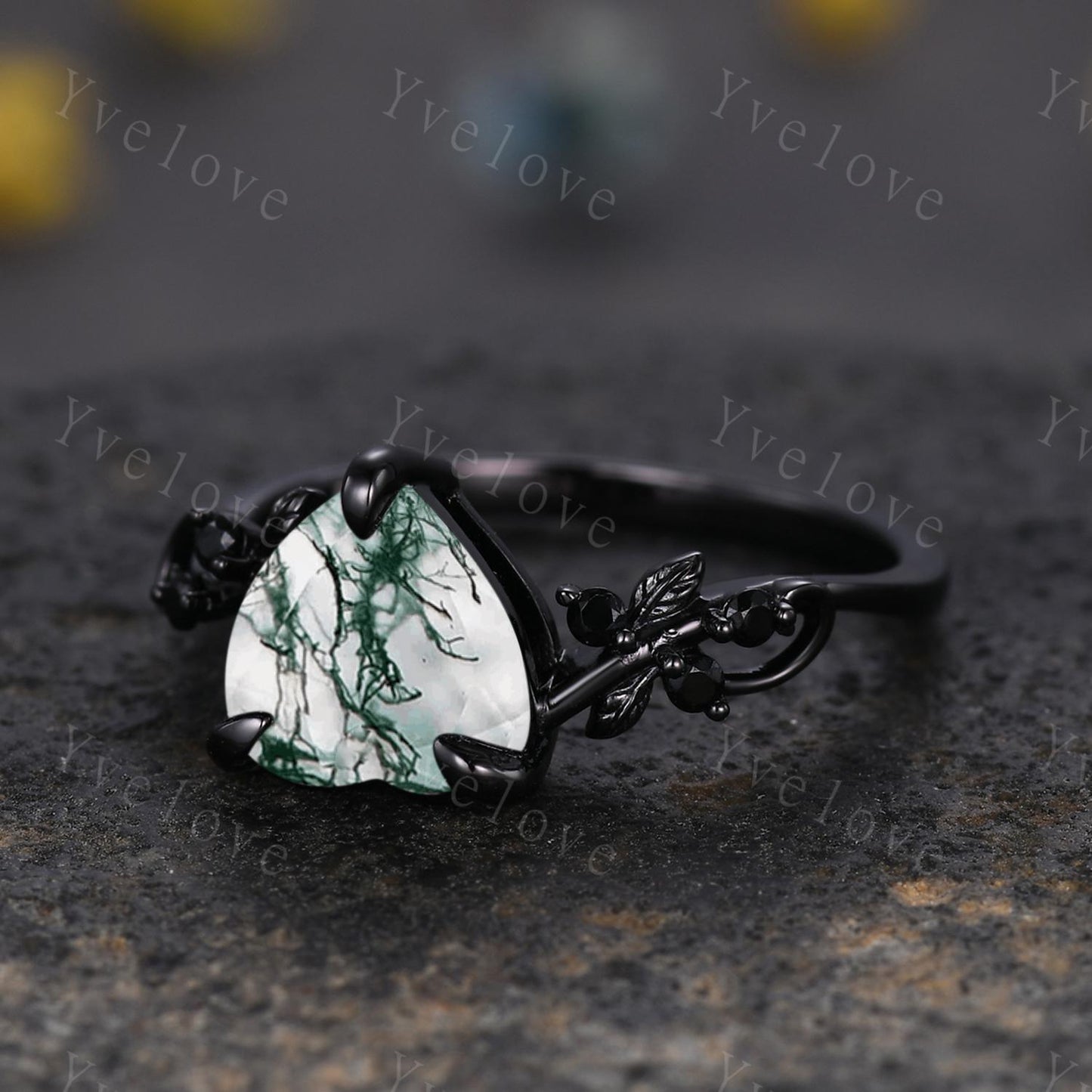 8mm Heart Moss Agate Ring,Gothic Black Twig Vine Leaf Branch Ring,Vintage Natural Agate Bridal Ring Anniversary Gift,Black Gold Wedding Band