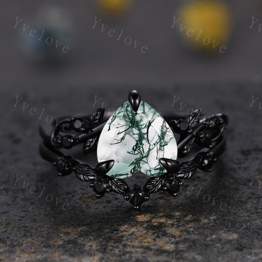 Heart Moss Agate Ring,Gothic Black Twig Vine Leaf Branch Ring,Vintage Natural Agate Bridal Set Anniversary Gift,Black Gold Wedding Band Set