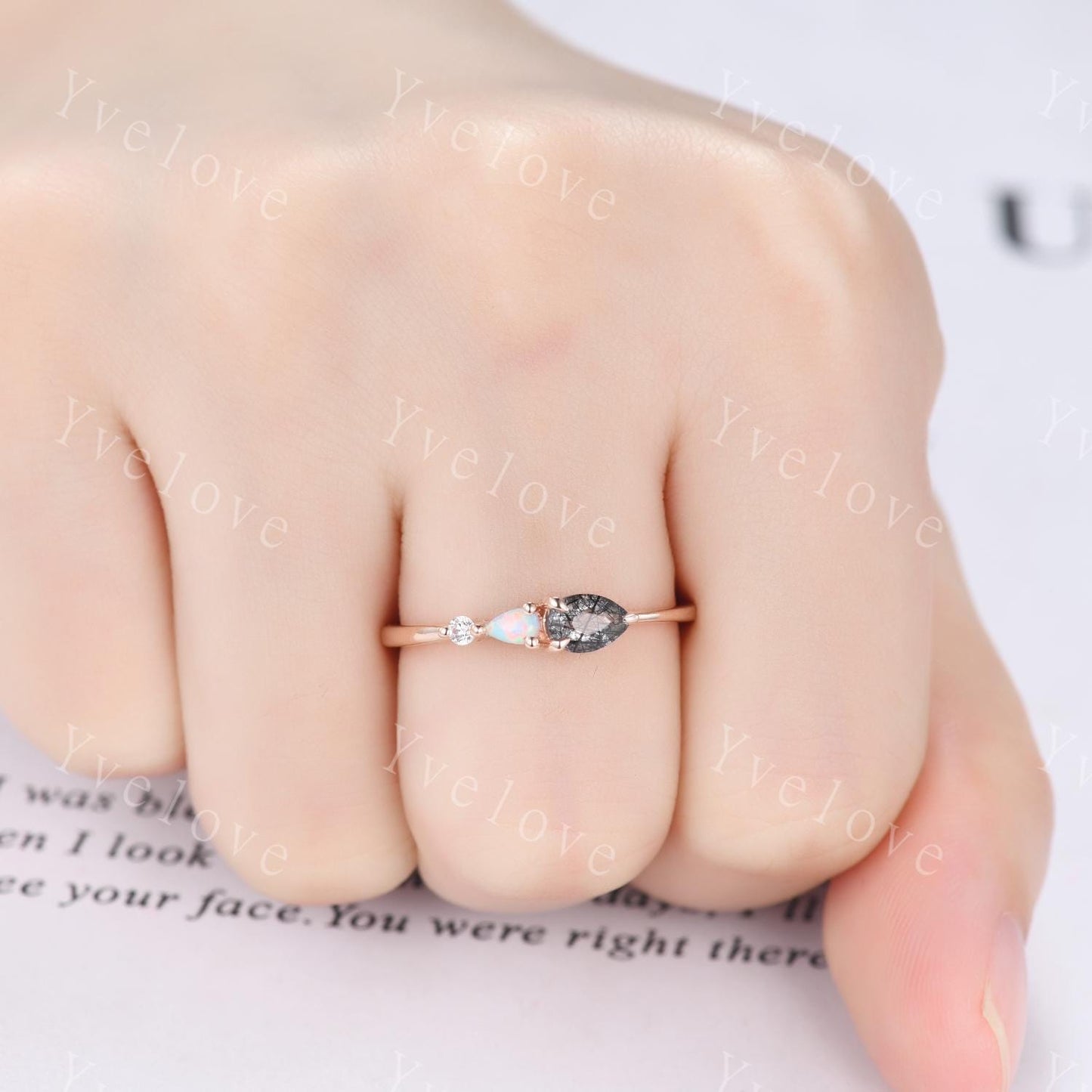Vintage Black Rutilated Quartz Opal Engagement Ring,Pear Cut Gems,Art Deco Moissanite Wedding Band,3 Stone Unique Women Bridal Promise Ring