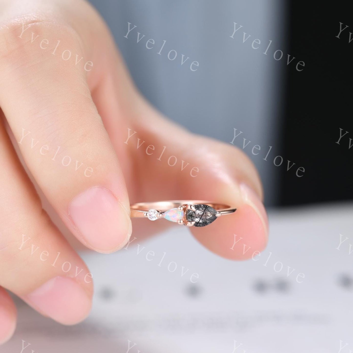 Vintage Black Rutilated Quartz Opal Engagement Ring,Pear Cut Gems,Art Deco Moissanite Wedding Band,3 Stone Unique Women Bridal Promise Ring