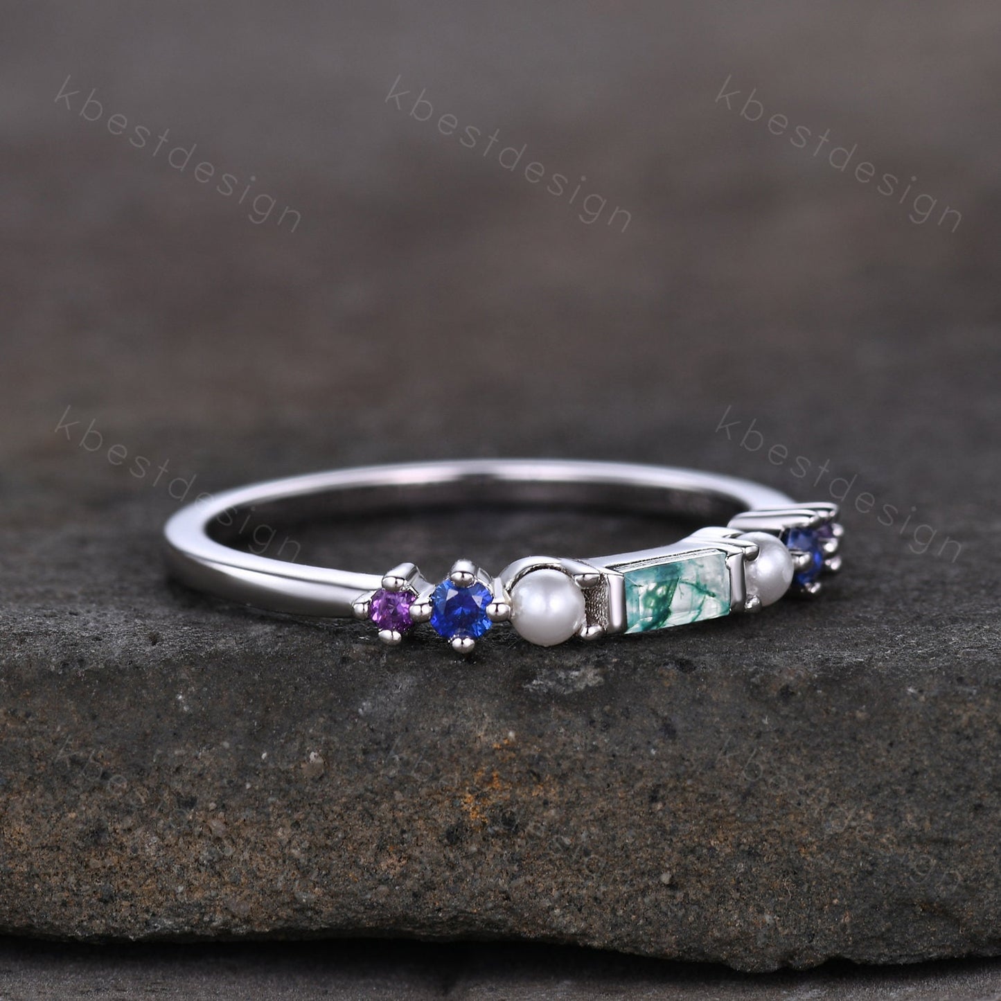 Baguette Moss Agate Ring,Blue Sapphire and Pearl Wedding Band,Unique Multi Gemstone Ring,Birthstone Jewelry,Gift For Mom,Personalized Gift