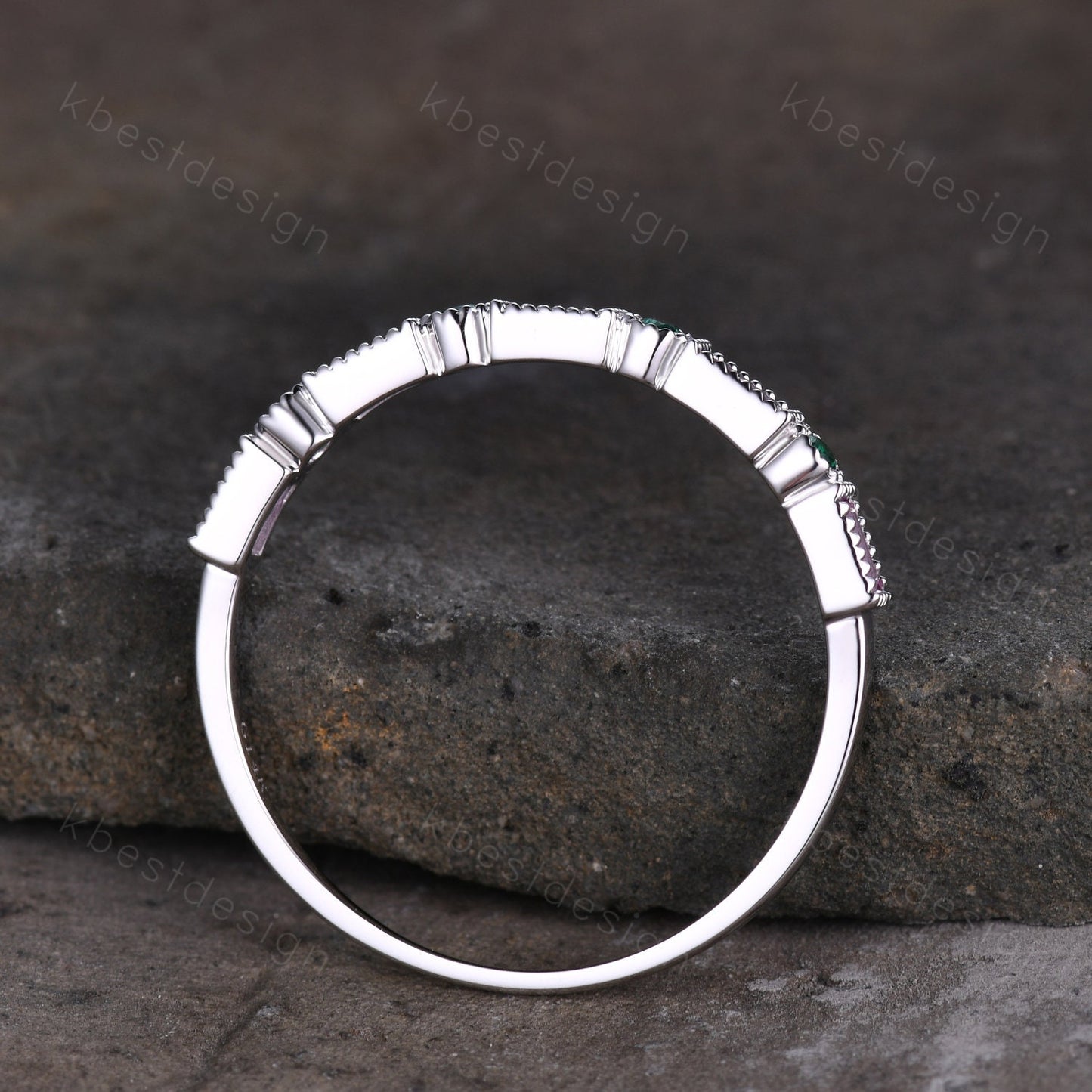 Baguette cut pink sapphire wedding band unique art deco half eternity band silver emerald band dainty stacking band anniversary gift