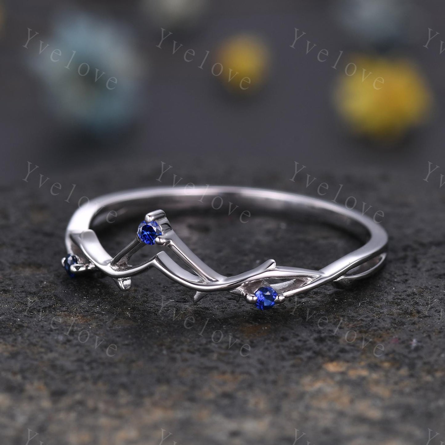 Minimalist Blue Sapphire Twig Engagement Ring,Twig Matching Band,Women Vine Band,Art Deco V Curved Branch Wedding Band,Sapphire Silver Ring