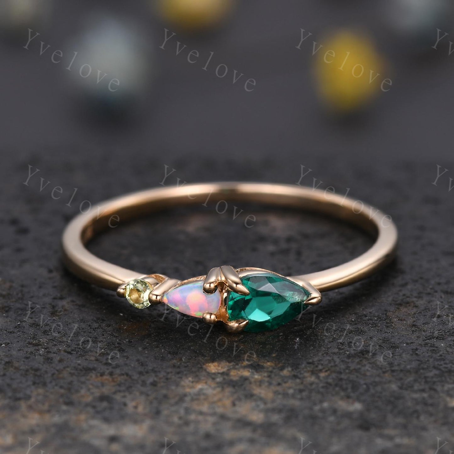 Vintage Emerald Peridot Engagement Ring,Pear Cut Gems,Art Deco Opal Wedding Band,3 Stone Unique Women Bridal Promise Ring,Customized Gift