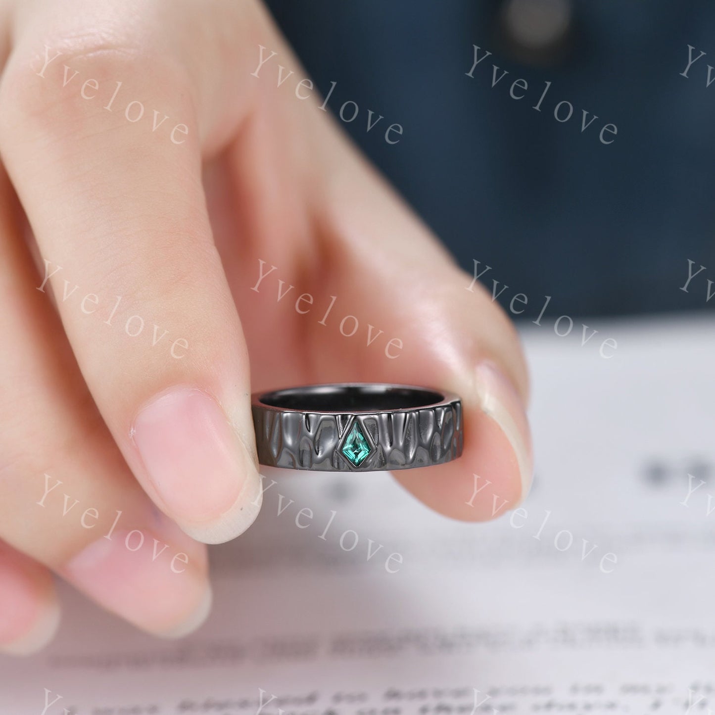 5mm Black Gold Mens Kite Cut Green Emerald Wedding Band Emerald Engagement Ring  Hammered Finished Band Mens Stacking Band His Wedding band