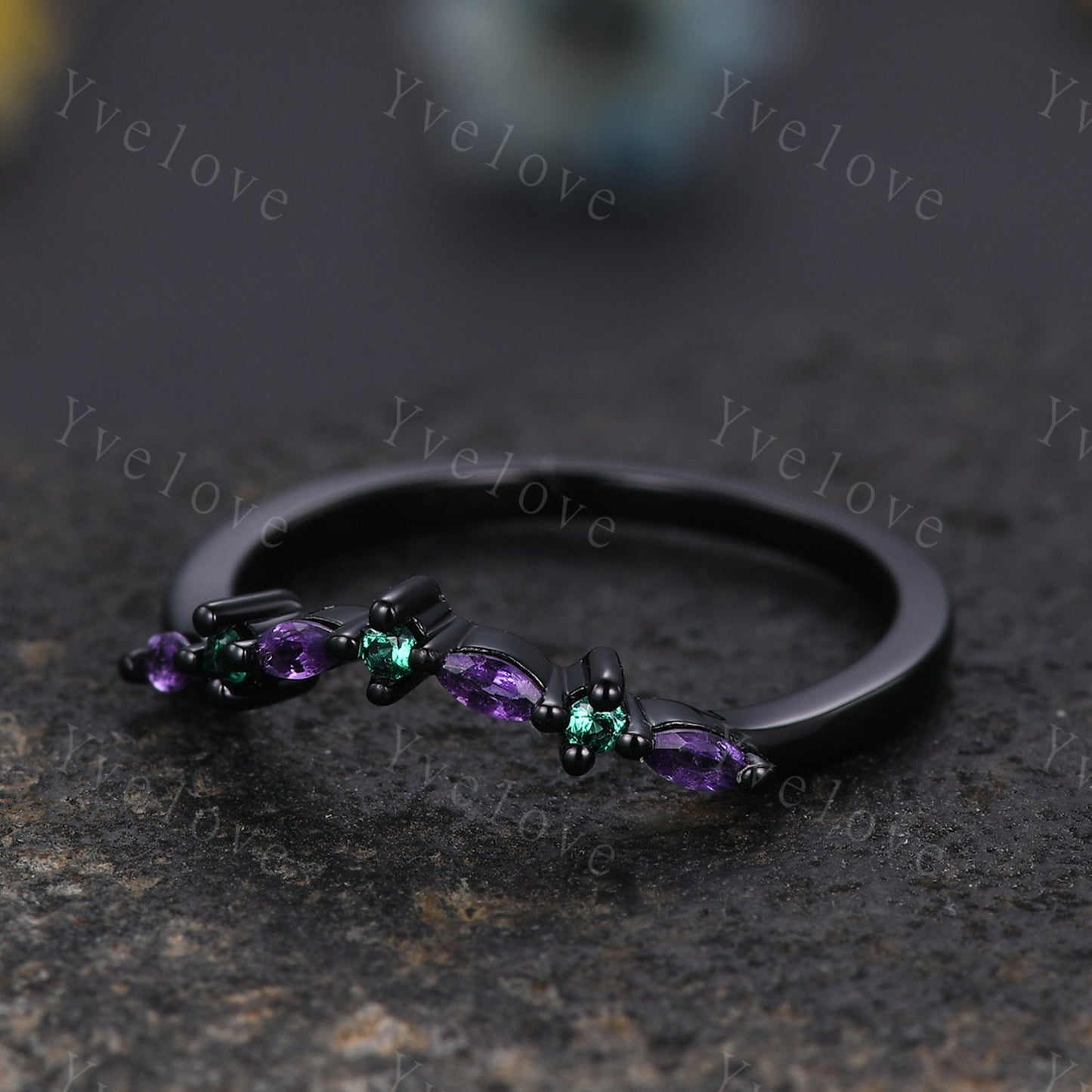 Unique Amethyst Emerald Wedding Ring Stacking Matching Band Silver Black Gold Marquise Ring Promise Jewelry Anniversary Gift For Women