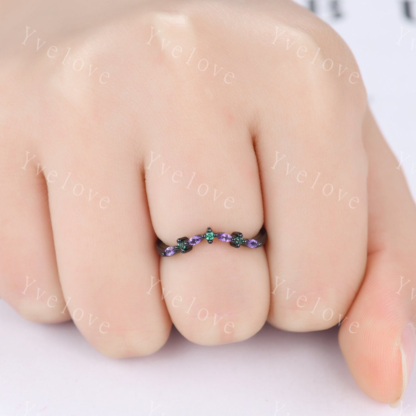 Unique Amethyst Emerald Wedding Ring Stacking Matching Band Silver Black Gold Marquise Ring Promise Jewelry Anniversary Gift For Women