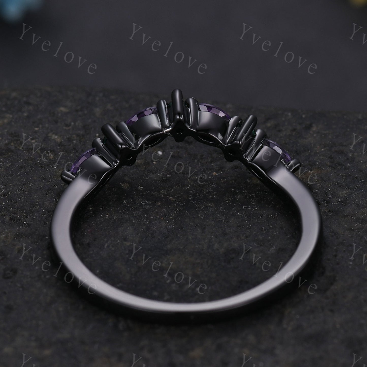 Unique Amethyst Emerald Wedding Ring Stacking Matching Band Silver Black Gold Marquise Ring Promise Jewelry Anniversary Gift For Women