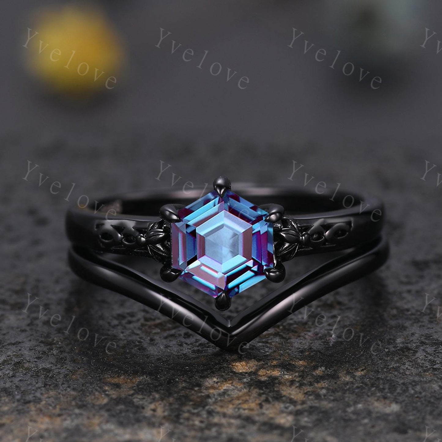 Vintage Alexandrite Engagement Ring,14k Black Gold Ring,Hexagon Cut Bridal Ring,Art Deco Alexandrite Anniversary Gift Promise Ring For Her