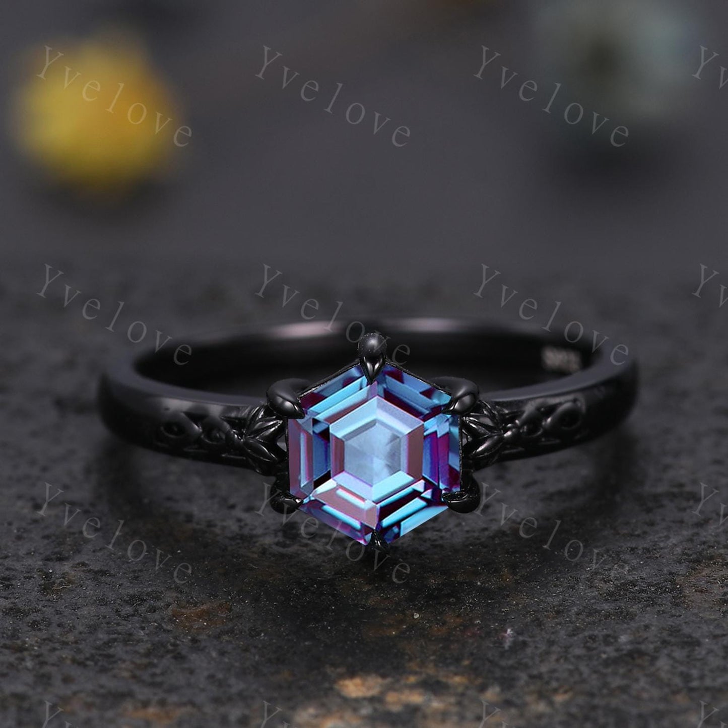 Vintage Alexandrite Engagement Ring,14k Black Gold Ring,Hexagon Cut Bridal Ring,Art Deco Alexandrite Anniversary Gift Promise Ring For Her