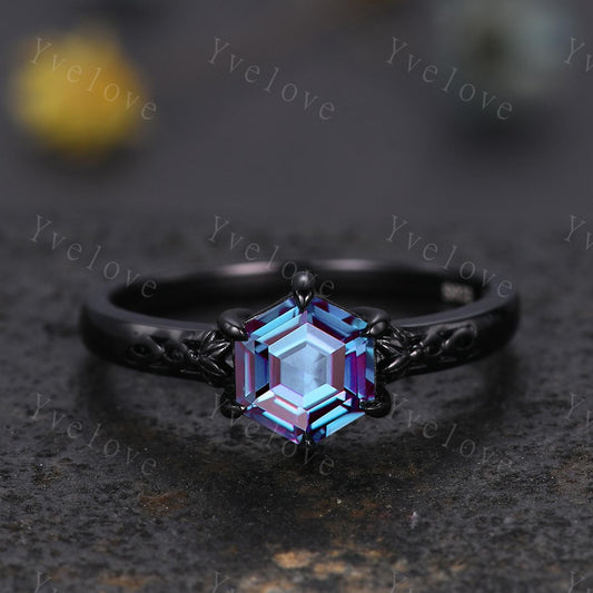 Vintage Alexandrite Engagement Ring,14k Black Gold Ring,Hexagon Cut Bridal Ring,Art Deco Alexandrite Anniversary Gift Promise Ring For Her