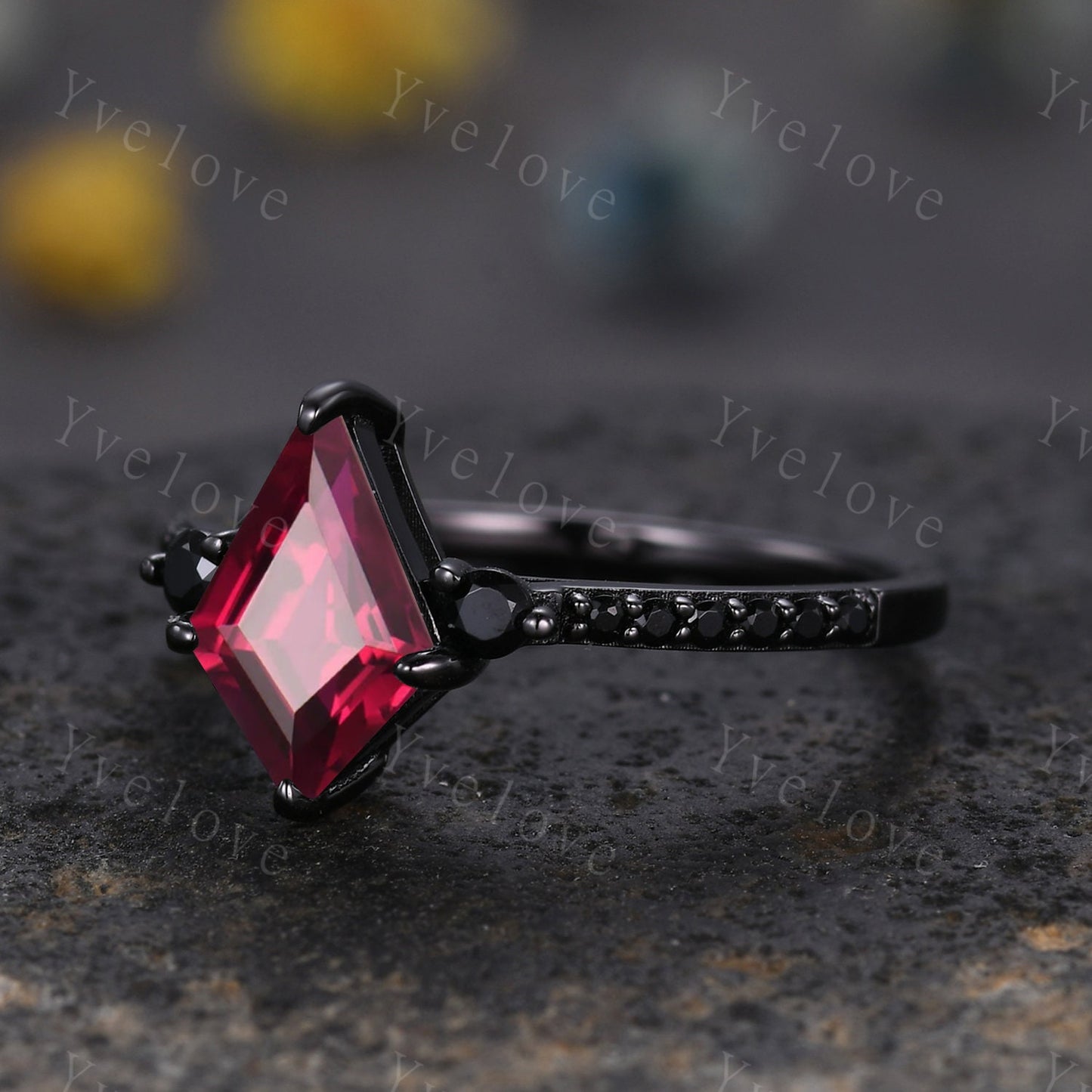Retro Kite Red Ruby Engagement Ring,Vintage Black Silver Ring Set,Unique Black Spinel Diamond Promise Ring Anniversary Gift July Birthstone