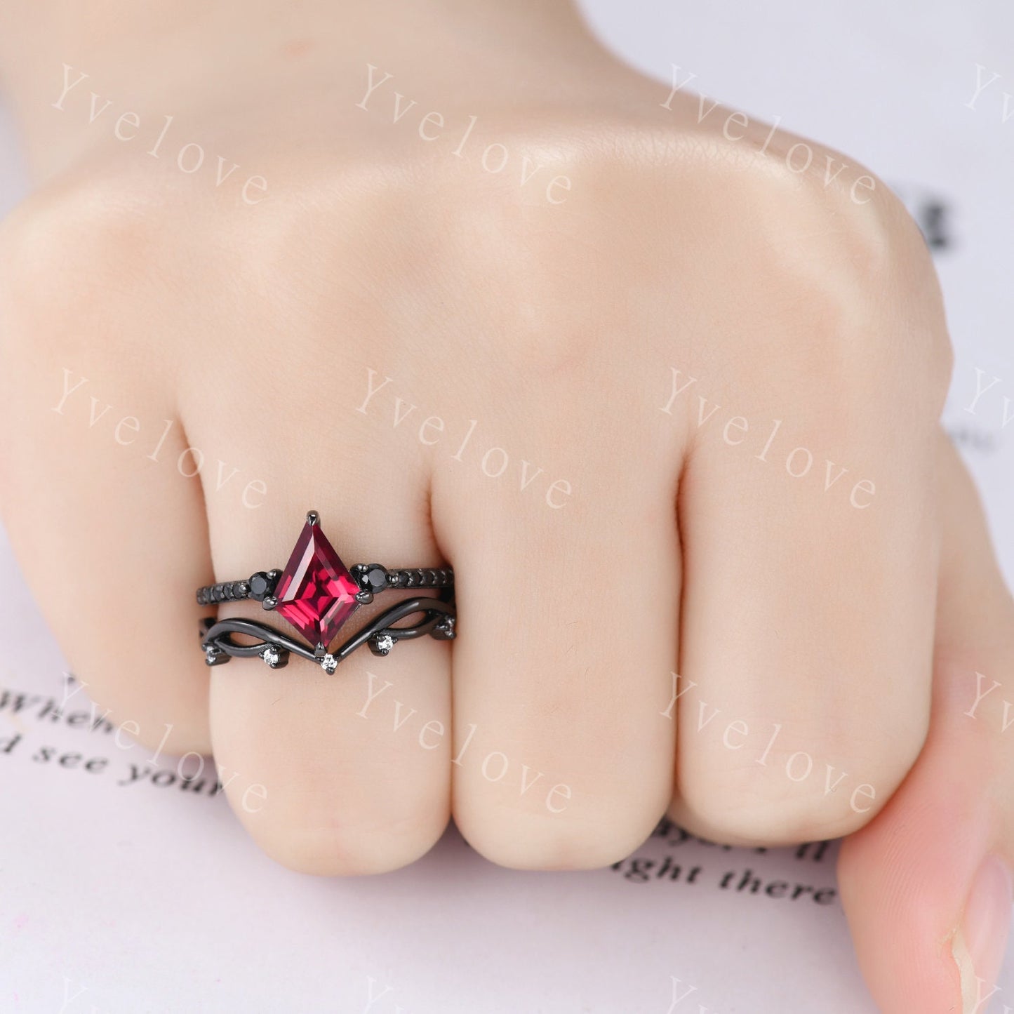 Retro Kite Red Ruby Engagement Ring,Vintage Black Silver Ring Set,Unique Black Spinel Diamond Promise Ring Anniversary Gift July Birthstone