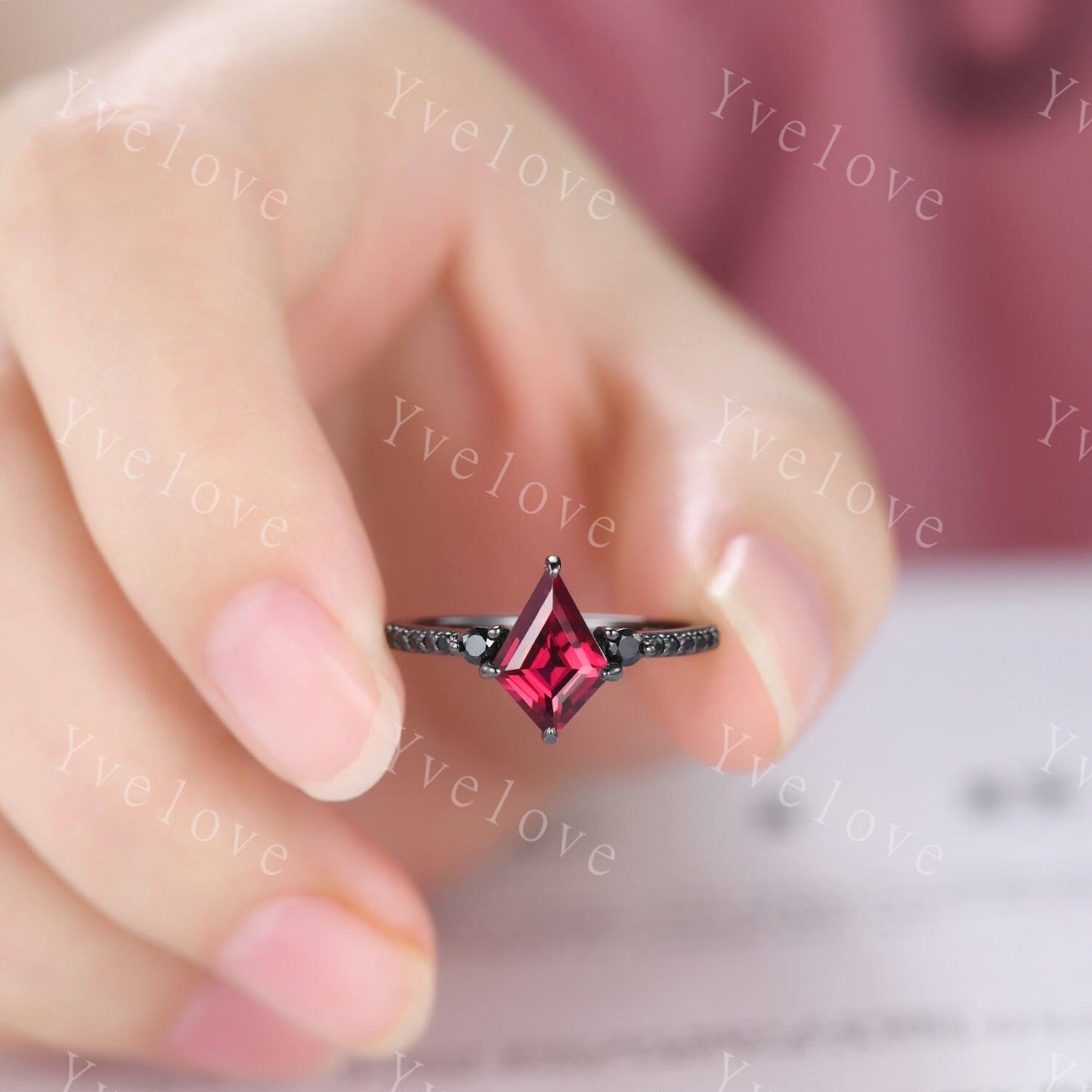 Retro Kite Red Ruby Engagement Ring,Vintage Black Silver Ring Set,Unique Black Spinel Diamond Promise Ring Anniversary Gift July Birthstone