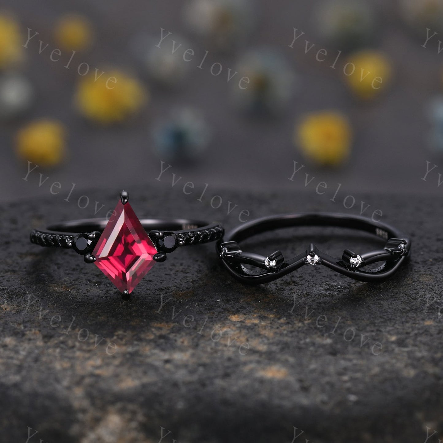 Retro Kite Red Ruby Engagement Ring,Vintage Black Silver Ring Set,Unique Black Spinel Diamond Promise Ring Anniversary Gift July Birthstone