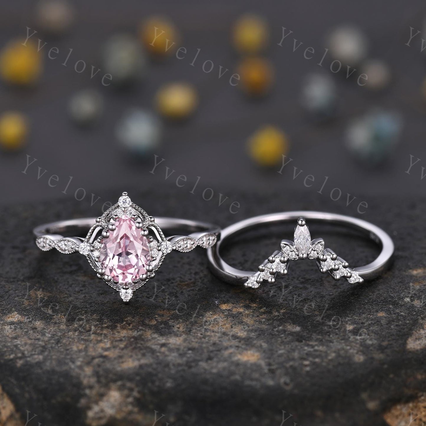 Vintage Pink Sapphire Engagement Ring,Teardrop Sapphire Ring Set,14K White Gold,Unique Women Moissanite Promise Ring For Her,Handmade Gift