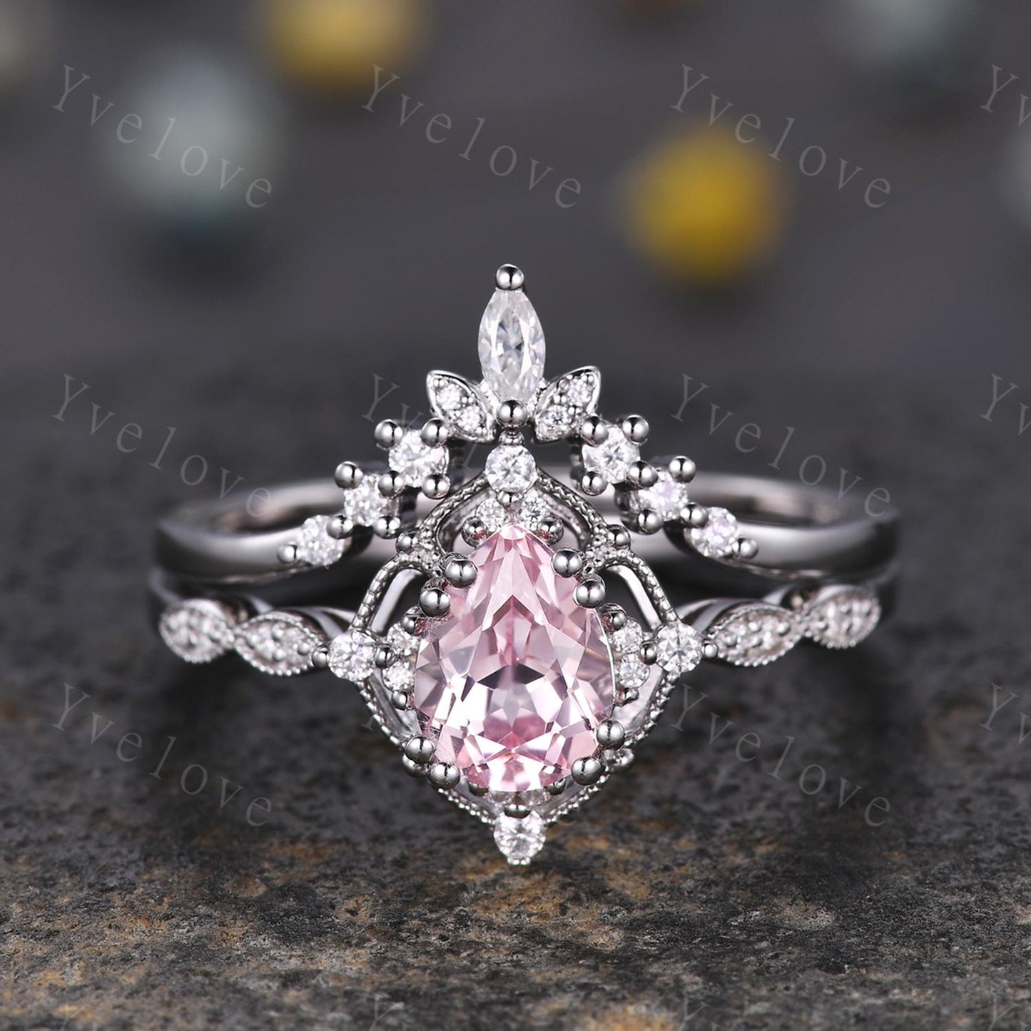 Vintage Pink Sapphire Engagement Ring,Teardrop Sapphire Ring Set,14K White Gold,Unique Women Moissanite Promise Ring For Her,Handmade Gift