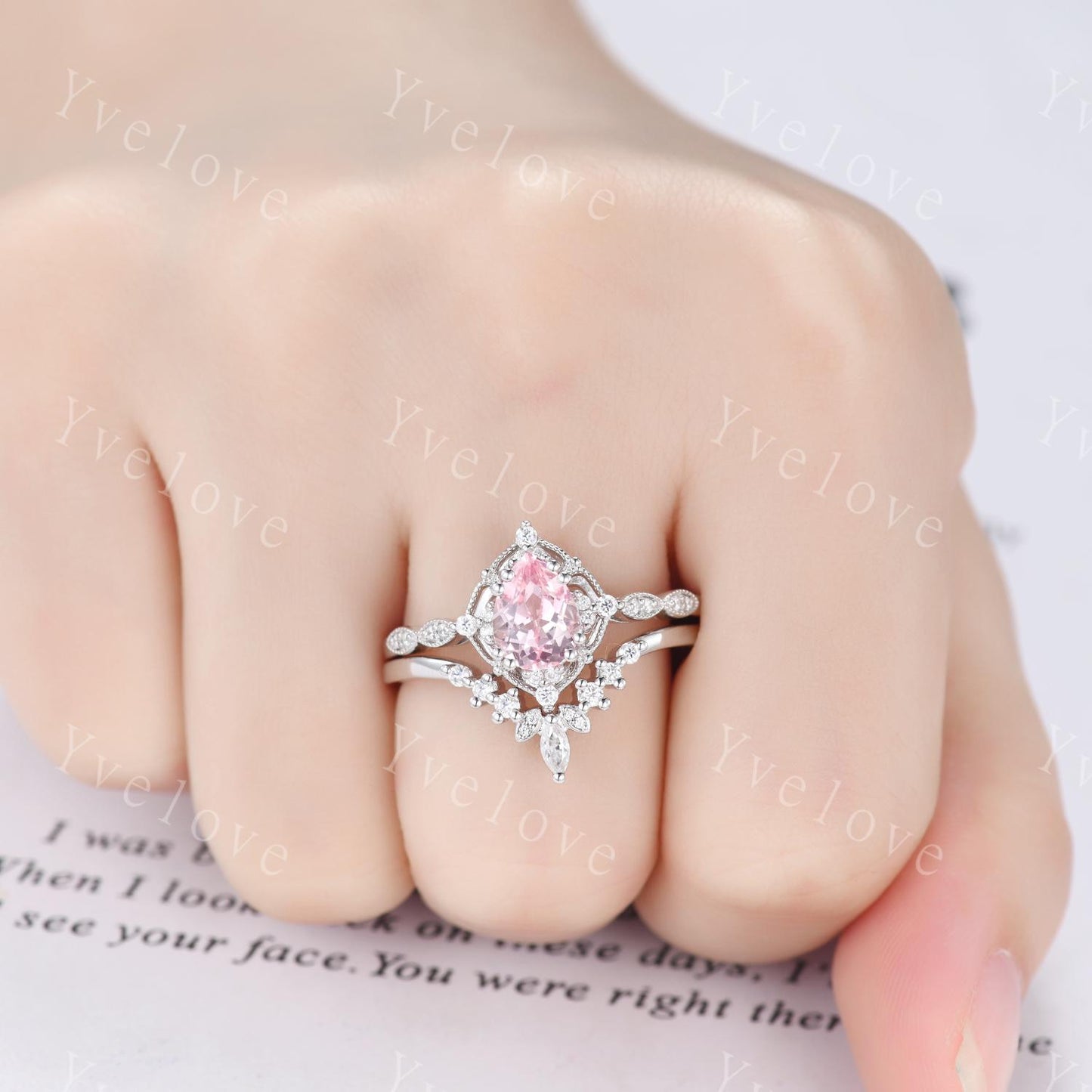Vintage Pink Sapphire Engagement Ring,Teardrop Sapphire Ring,14K 18K White Gold,Unique Women Moissanite Promise Ring For Her,Handmade Gift