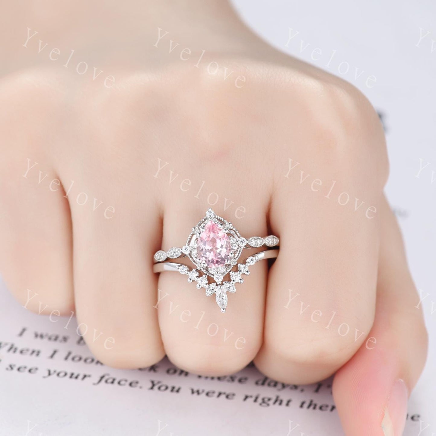 Vintage Pink Sapphire Engagement Ring,Teardrop Sapphire Ring Set,14K White Gold,Unique Women Moissanite Promise Ring For Her,Handmade Gift