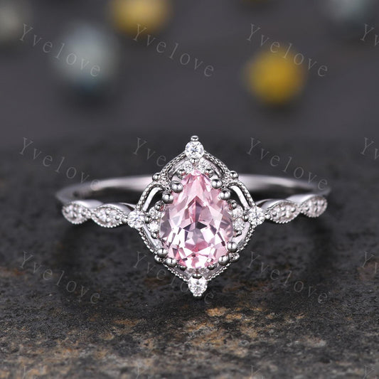 Vintage Pink Sapphire Engagement Ring,Teardrop Sapphire Ring,14K 18K White Gold,Unique Women Moissanite Promise Ring For Her,Handmade Gift