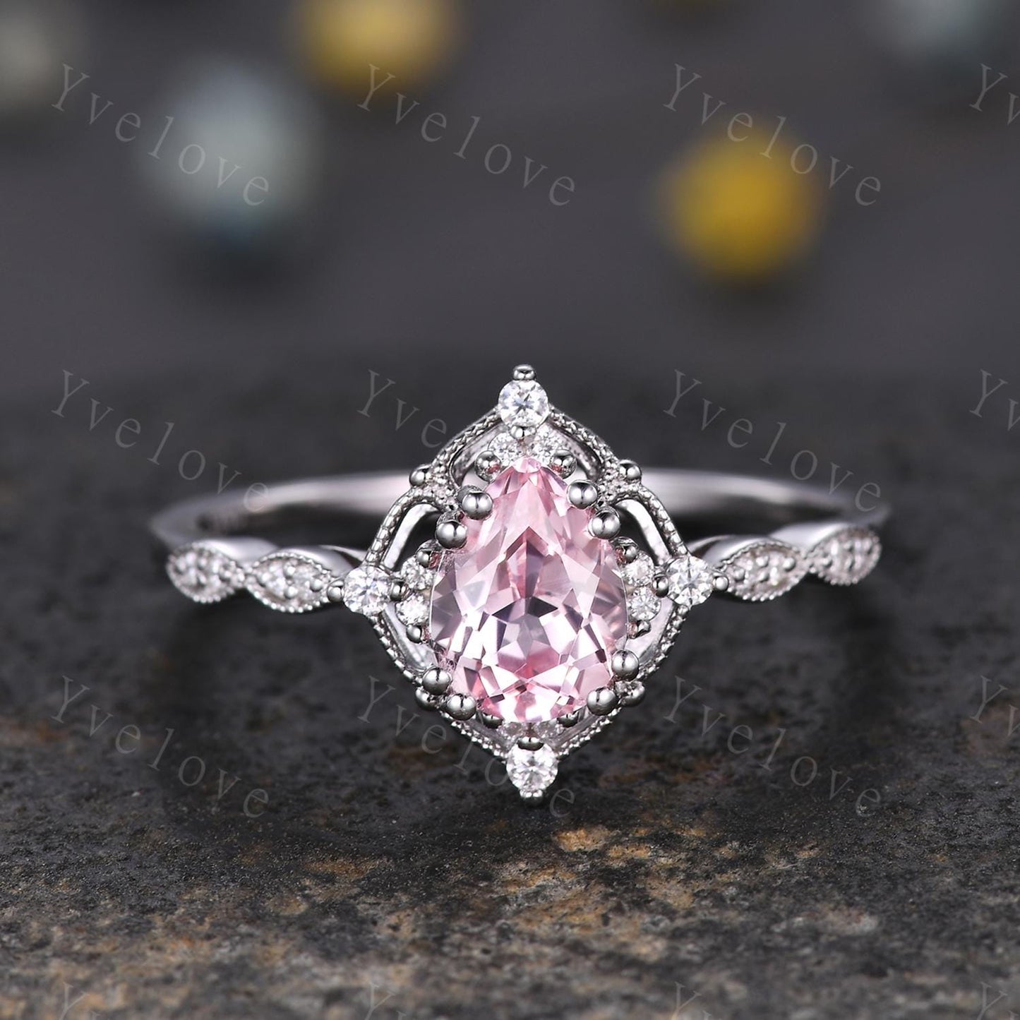 Vintage Pink Sapphire Engagement Ring,Teardrop Sapphire Ring Set,14K White Gold,Unique Women Moissanite Promise Ring For Her,Handmade Gift
