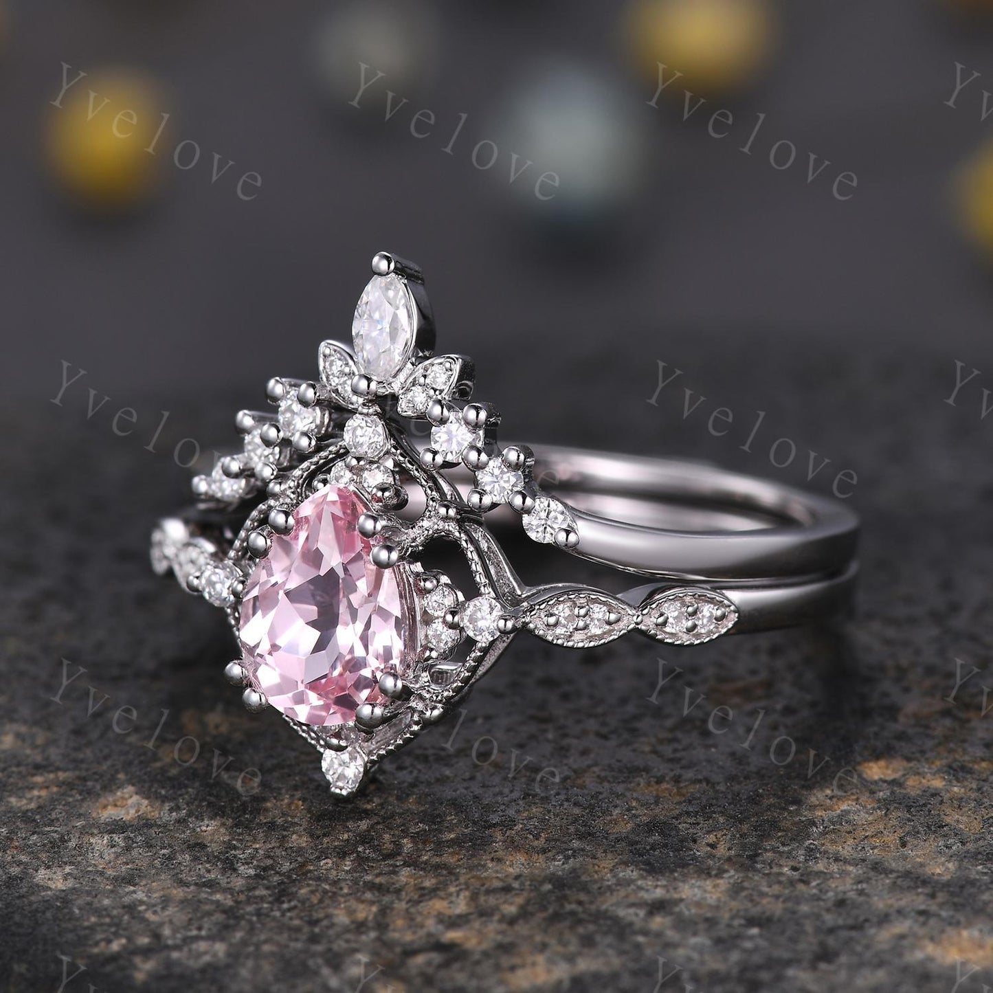 Vintage Pink Sapphire Engagement Ring,Teardrop Sapphire Ring Set,14K White Gold,Unique Women Moissanite Promise Ring For Her,Handmade Gift