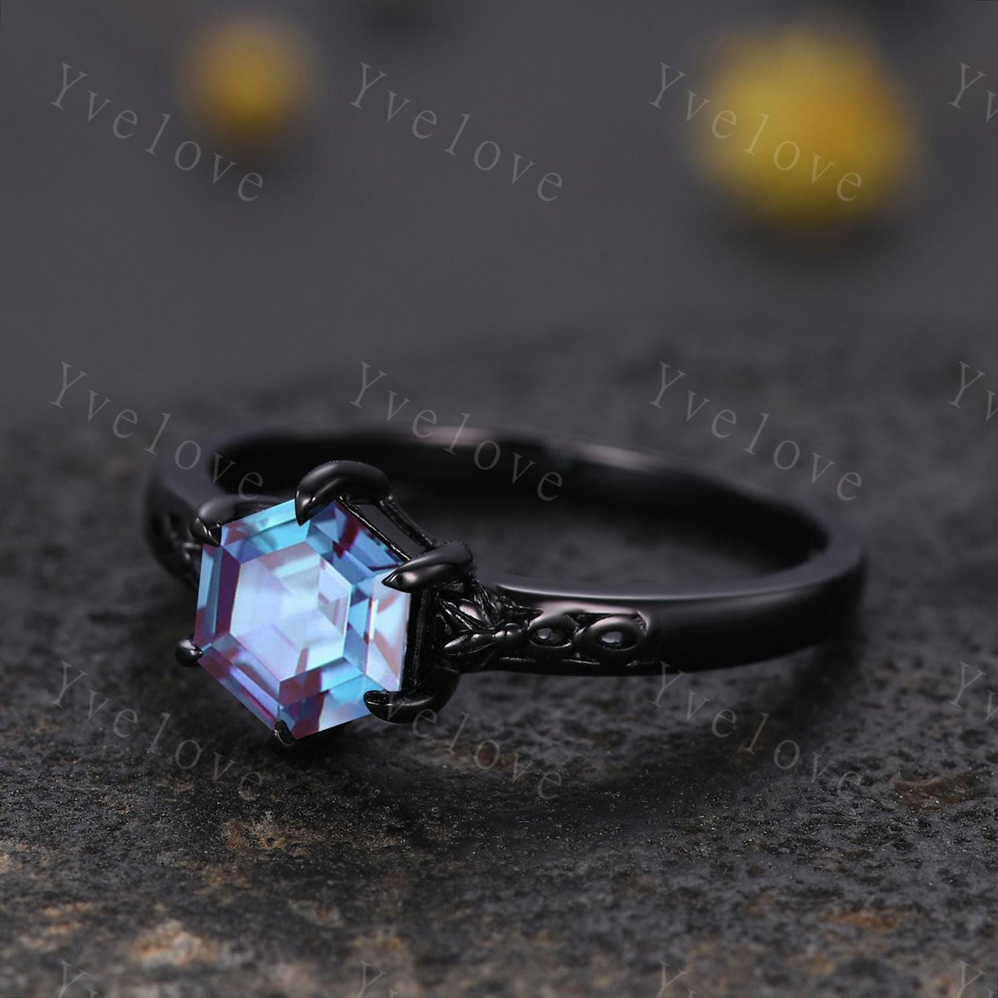Vintage Alexandrite Engagement Ring,14k Black Gold Ring,Hexagon Cut Bridal Ring,Art Deco Alexandrite Anniversary Gift Promise Ring For Her