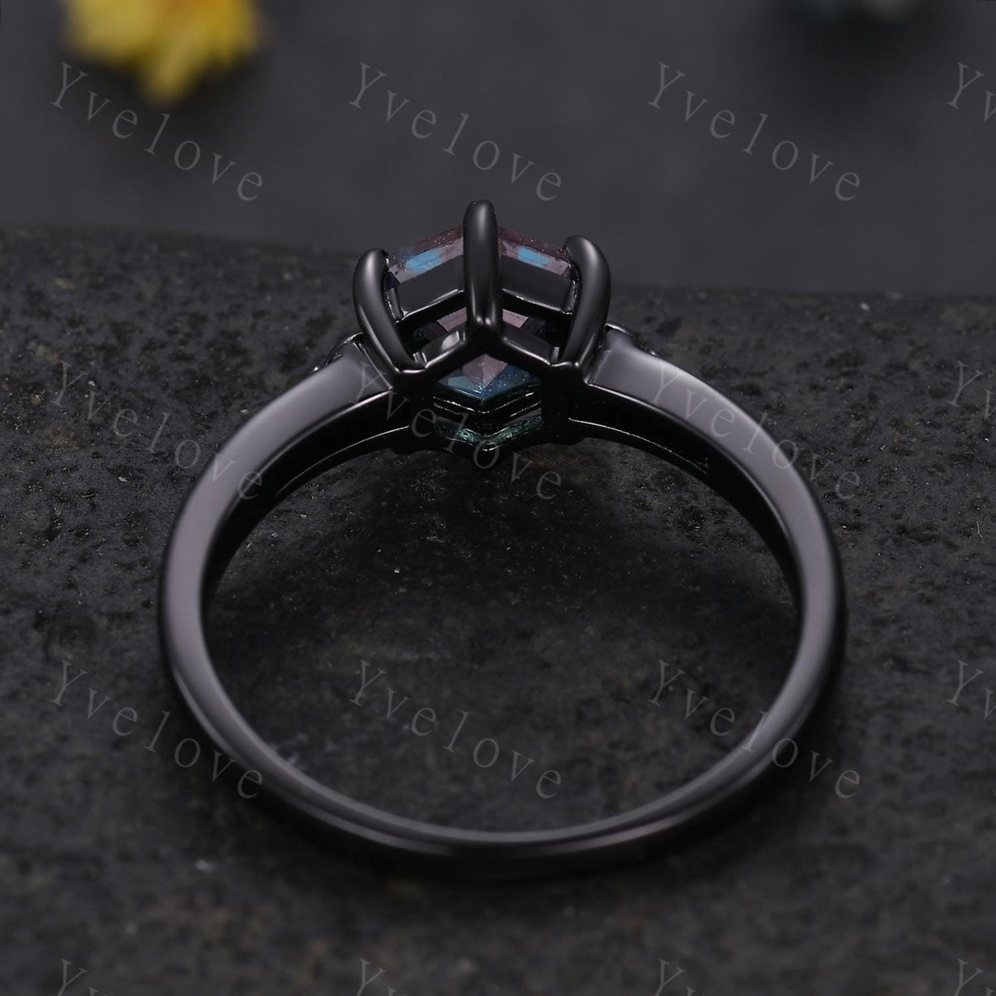Vintage Alexandrite Engagement Ring,14k Black Gold Ring,Hexagon Cut Bridal Ring,Art Deco Alexandrite Anniversary Gift Promise Ring For Her
