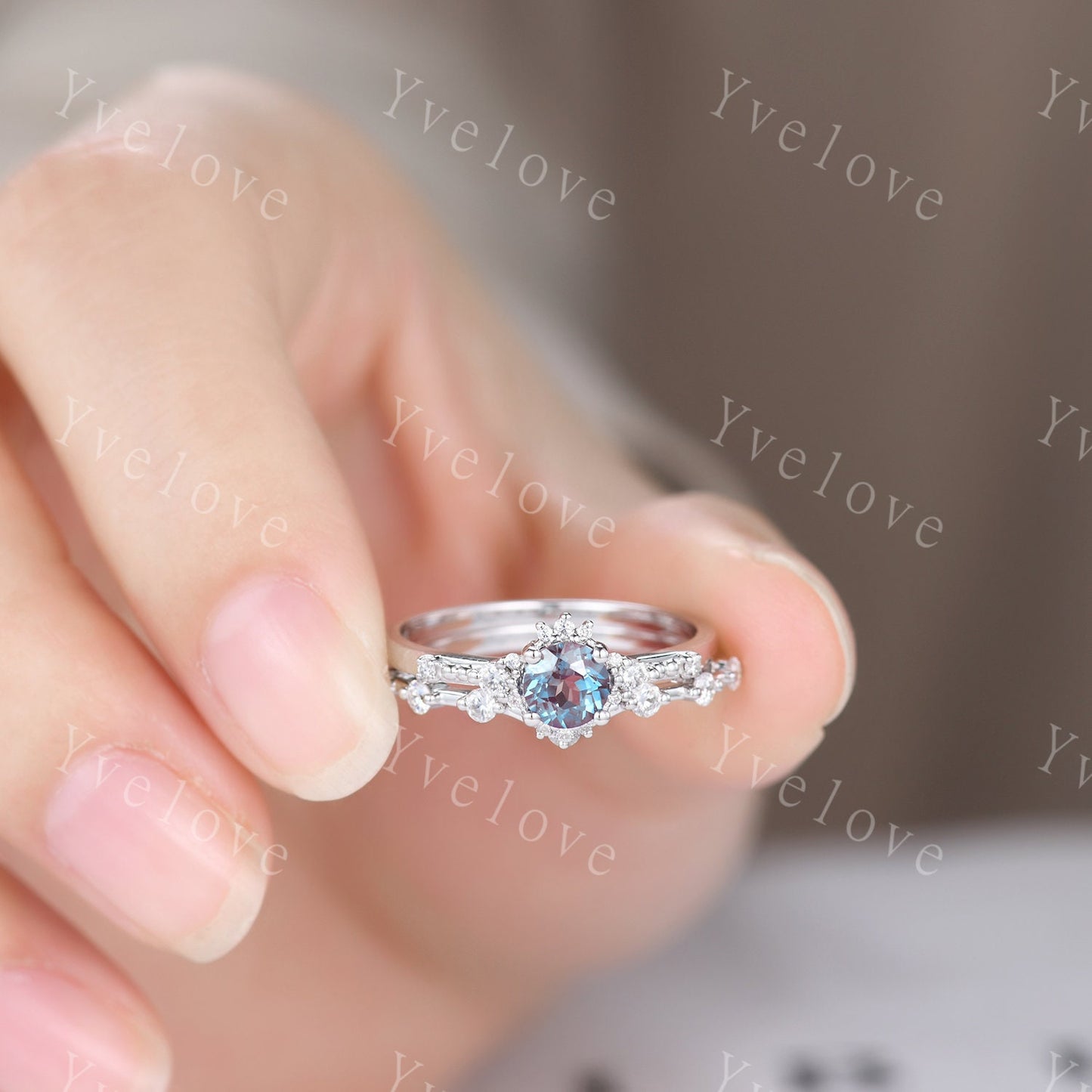 Alexandrite Ring Set Rose Gold Floral Engagement Ring For Women Promise Bridal Jewelry Diamond Moissanite Half Eternity Matching Band