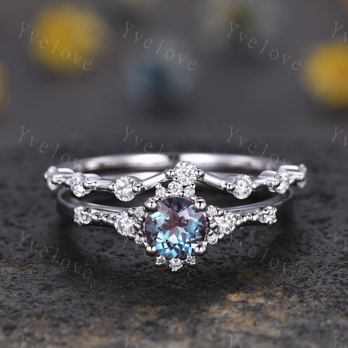Alexandrite Ring Set Rose Gold Floral Engagement Ring For Women Promise Bridal Jewelry Diamond Moissanite Half Eternity Matching Band