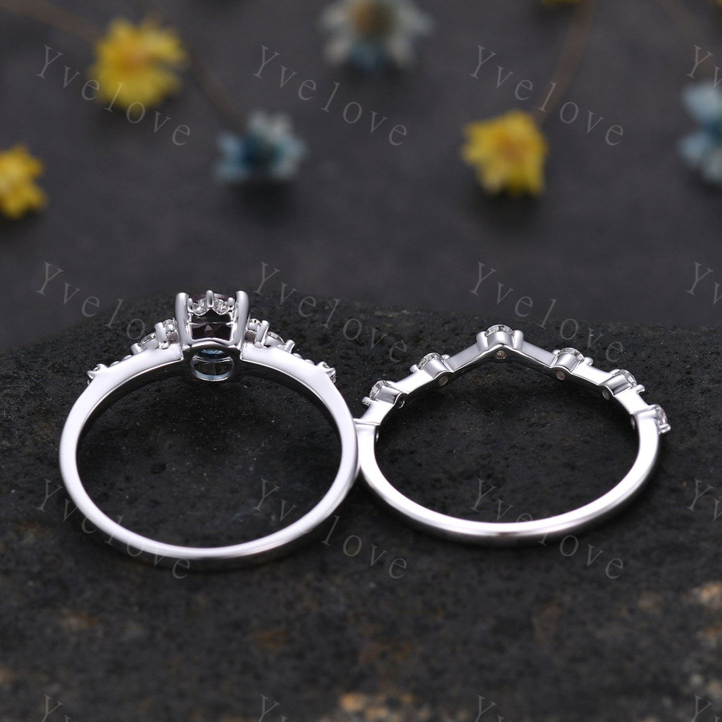 Alexandrite Ring Set Rose Gold Floral Engagement Ring For Women Promise Bridal Jewelry Diamond Moissanite Half Eternity Matching Band