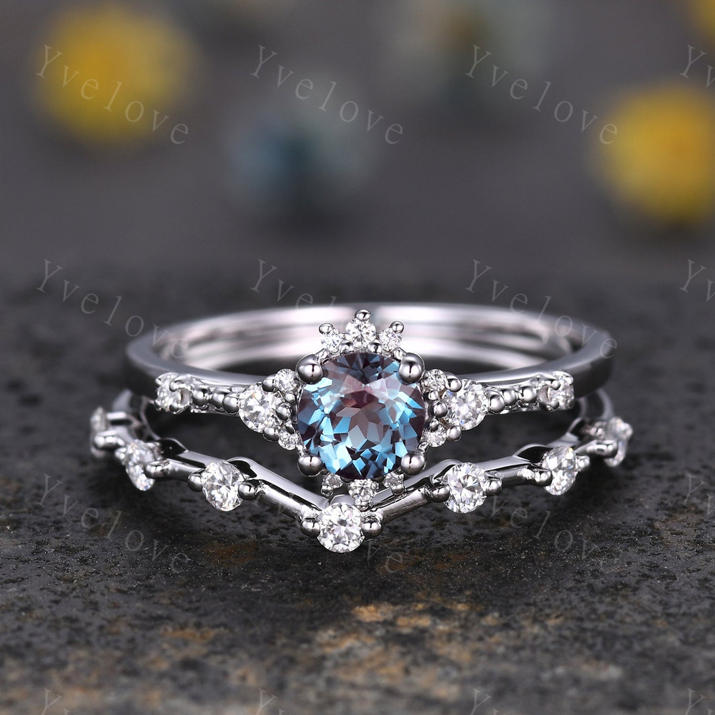 Alexandrite Ring Set Rose Gold Floral Engagement Ring For Women Promise Bridal Jewelry Diamond Moissanite Half Eternity Matching Band