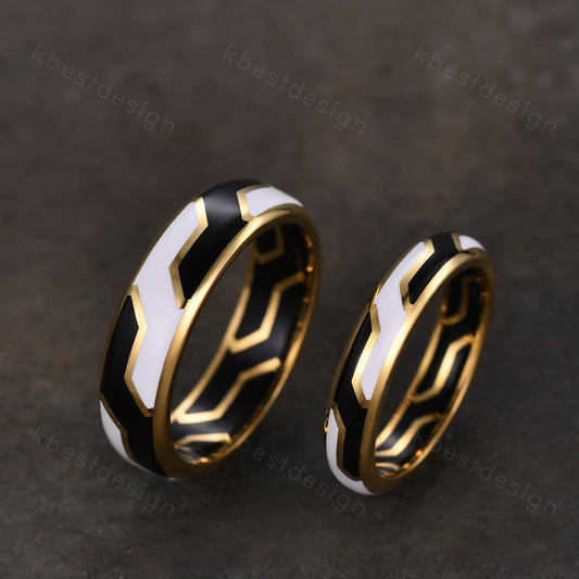 Gothic Black & White Enamel Couple Rings Yellow Gold Irregular Matching Rings His and Hers Wedding Band Best Friend Rings Anniversary Gifts