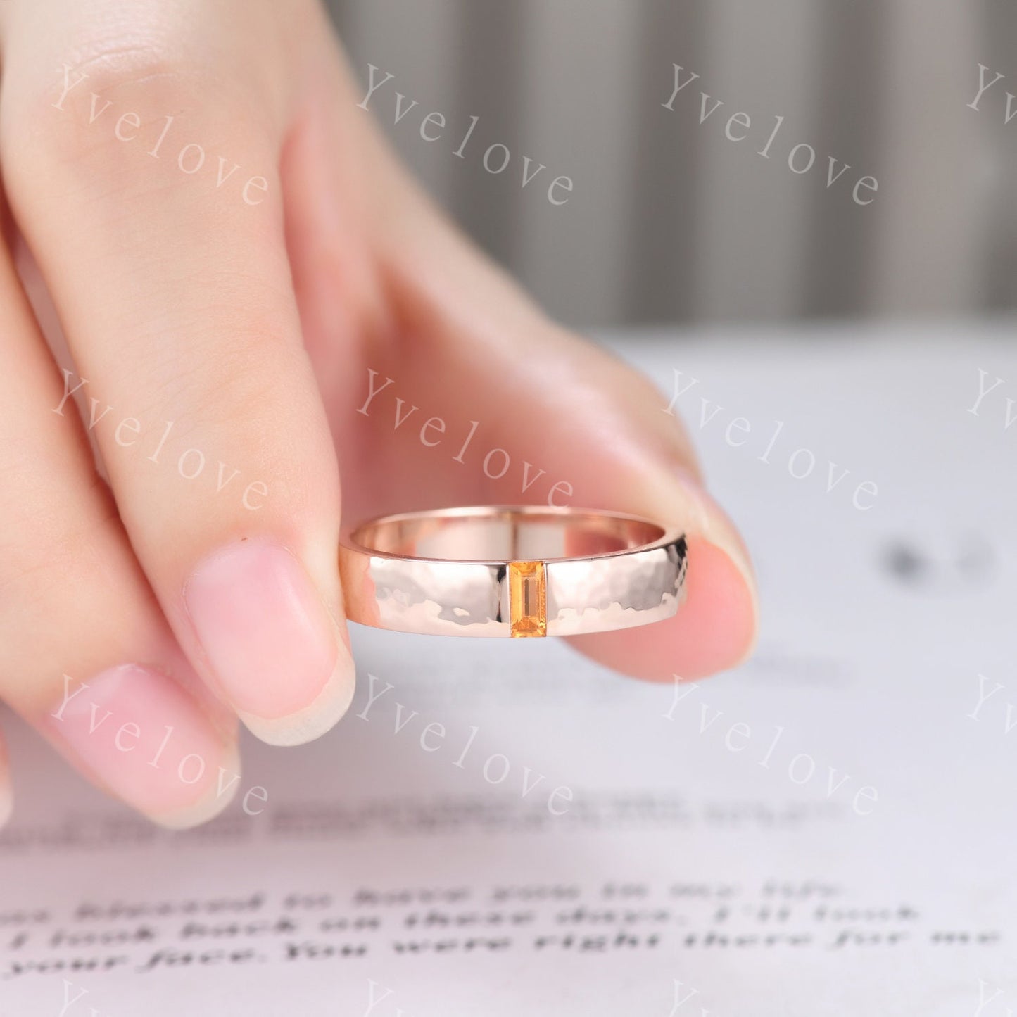 Mens Sunstone Wedding Band Baguette Cut Sunstone Band 5mm Solid Rose Gold Ring Mens Hammered Stacking Matching Band Retro Vintage Ring Gift