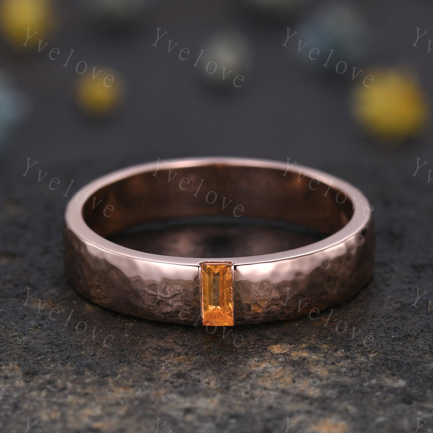 Mens Sunstone Wedding Band Baguette Cut Sunstone Band 5mm Solid Rose Gold Ring Mens Hammered Stacking Matching Band Retro Vintage Ring Gift