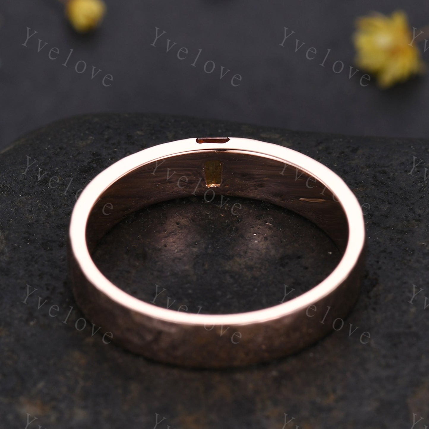 Mens Sunstone Wedding Band Baguette Cut Sunstone Band 5mm Solid Rose Gold Ring Mens Hammered Stacking Matching Band Retro Vintage Ring Gift