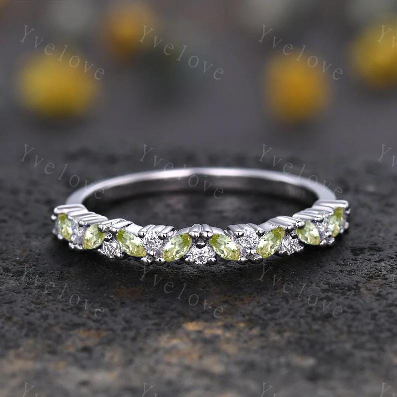 Marquise peridot wedding band vintage peridot ring yellow gold diamond antique unique stacking band anniversary promise ring matching band