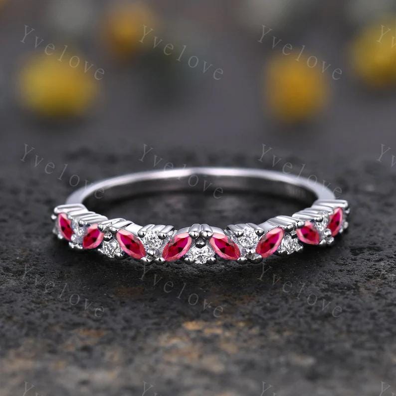 Marquise red ruby wedding band vintage ruby ring yellow gold diamond antique unique stacking band anniversary promise ring matching band