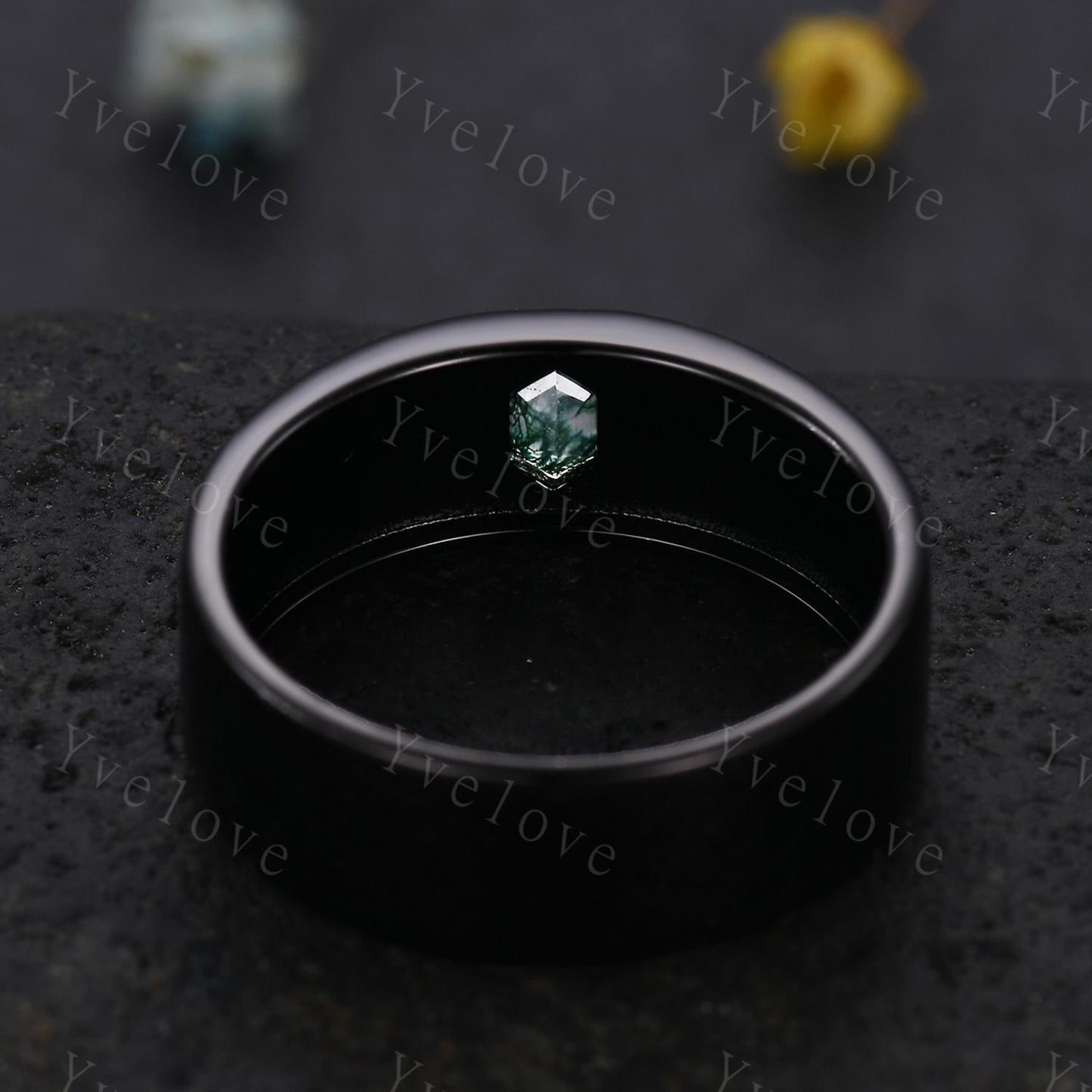 7mm Black Gold Mens Hexagon Moss Agate Wedding Band Nature Inspired Green Agate Engagement Ring Plain Band Mens Stacking Band Promise Ring