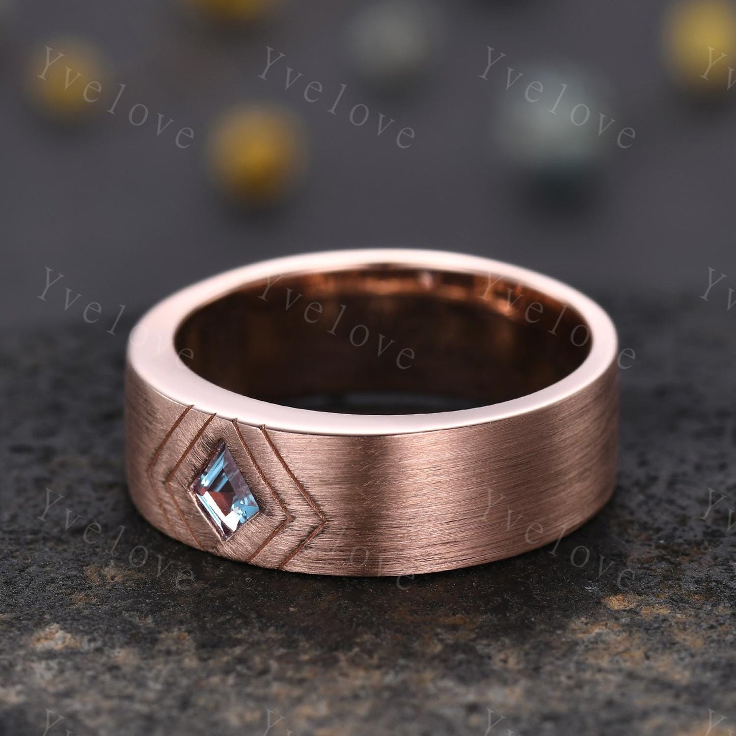 Mens Kite Shaped Alexandrite Wedding Band Alexandrite Engagement Ring Satin Finish Band 14K Rose Gold Mens Stacking Band His Wedding band