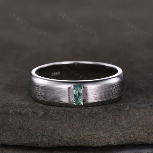 Mens Moss Agate Wedding Band Unique Baguette cut Green Moss Agate Wedding Ring For Men Brushed Finish Band Ring Promise Gift For Husband